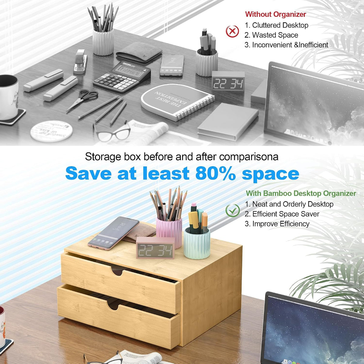 Bamboo Desk Drawer Organizer, Large Desktop Organizer with Drawers Tabletop Storage Organization Box for Office Home Toiletries Supplies Vanity, No Assembly Required (2 Drawer with Shelf)