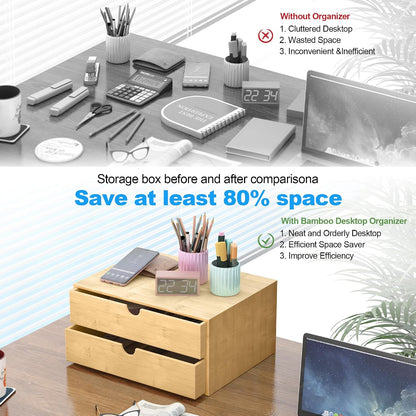 Bamboo Desk Drawer Organizer, Large Desktop Organizer with Drawers Tabletop Storage Organization Box for Office Home Toiletries Supplies Vanity, No Assembly Required (2 Drawer with Shelf)