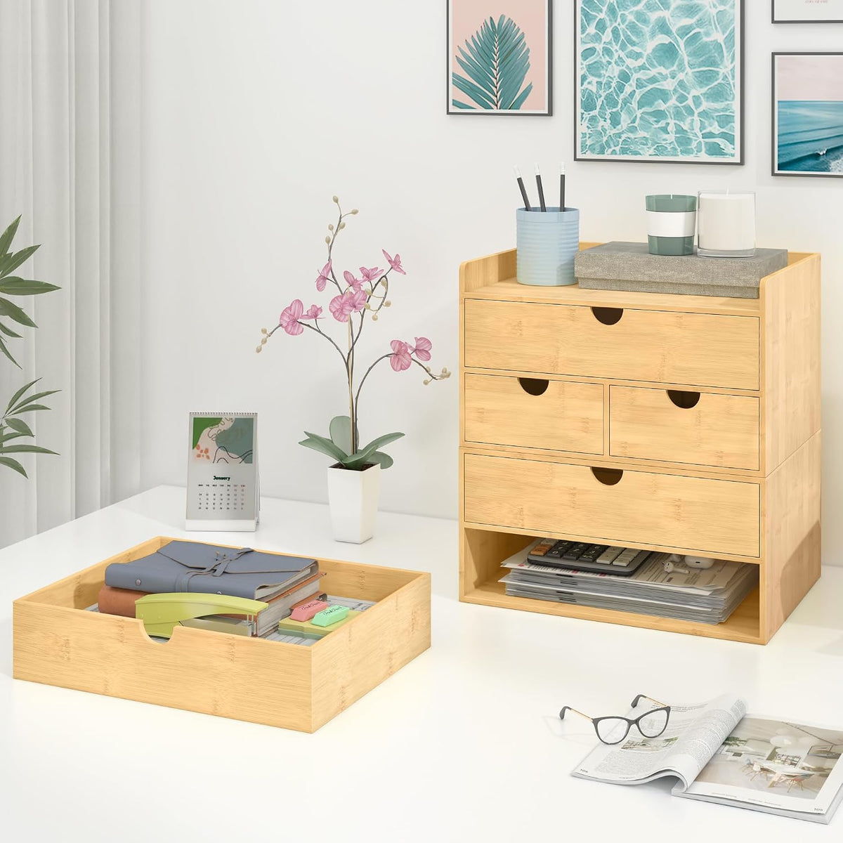 Bamboo Desk Drawer Organizer, Large Desktop Organizer with Drawers Tabletop Storage Organization Box for Office Home Toiletries Supplies Vanity, No Assembly Required (2 Drawer with Shelf)