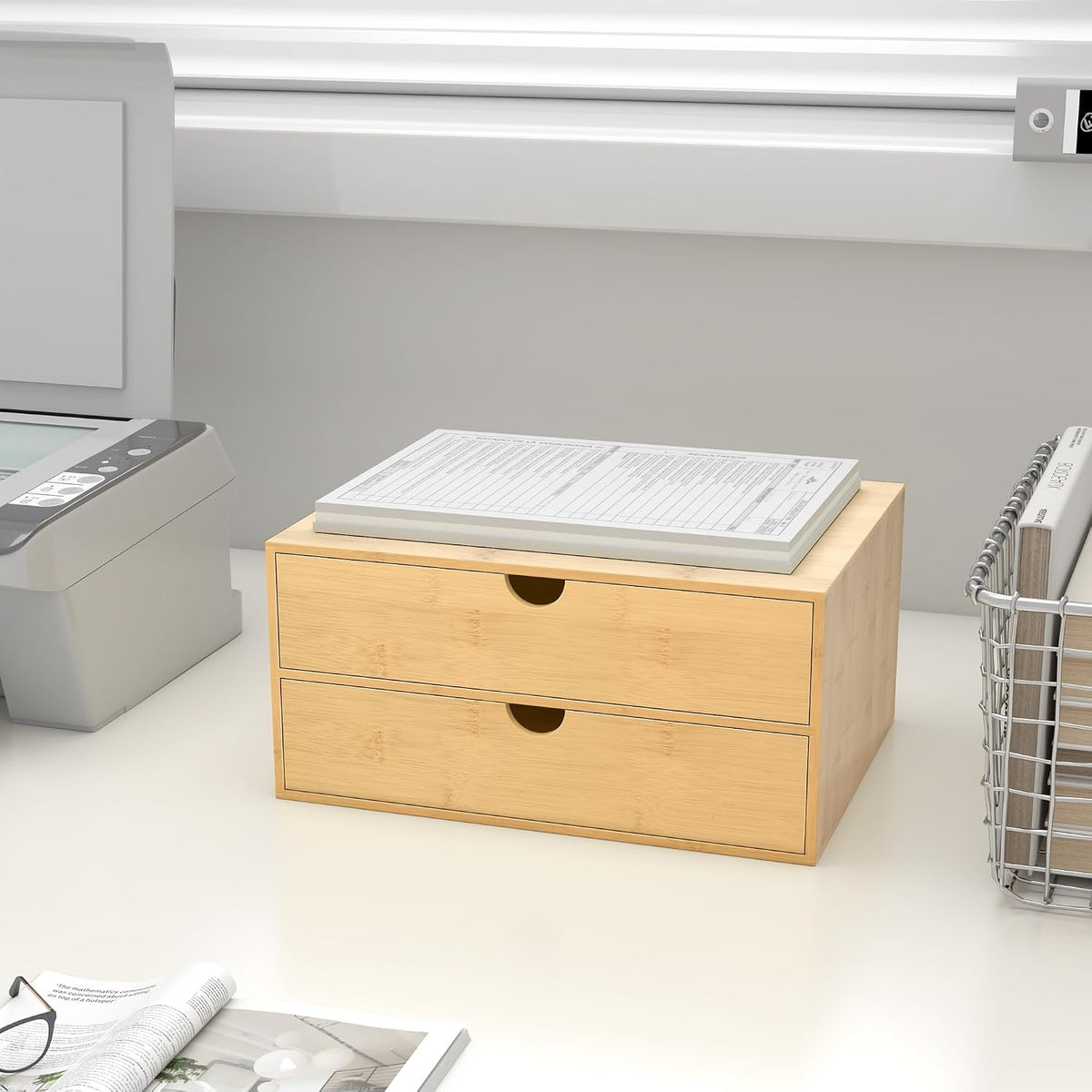 Bamboo Desk Drawer Organizer, Large Desktop Organizer with Drawers Tabletop Storage Organization Box for Office Home Toiletries Supplies Vanity, No Assembly Required (2 Drawer with Shelf)