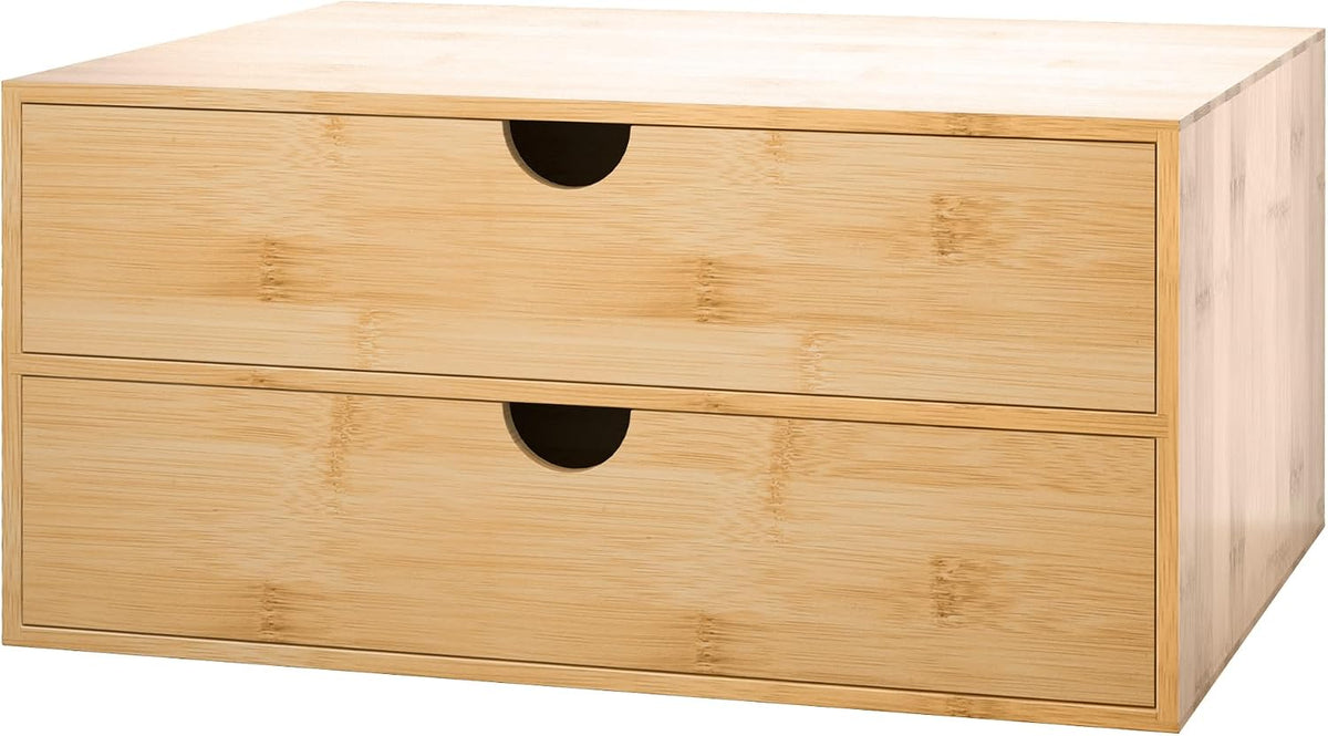 Bamboo Desk Drawer Organizer, Large Desktop Organizer with Drawers Tabletop Storage Organization Box for Office Home Toiletries Supplies Vanity, No Assembly Required (2 Drawer with Shelf)