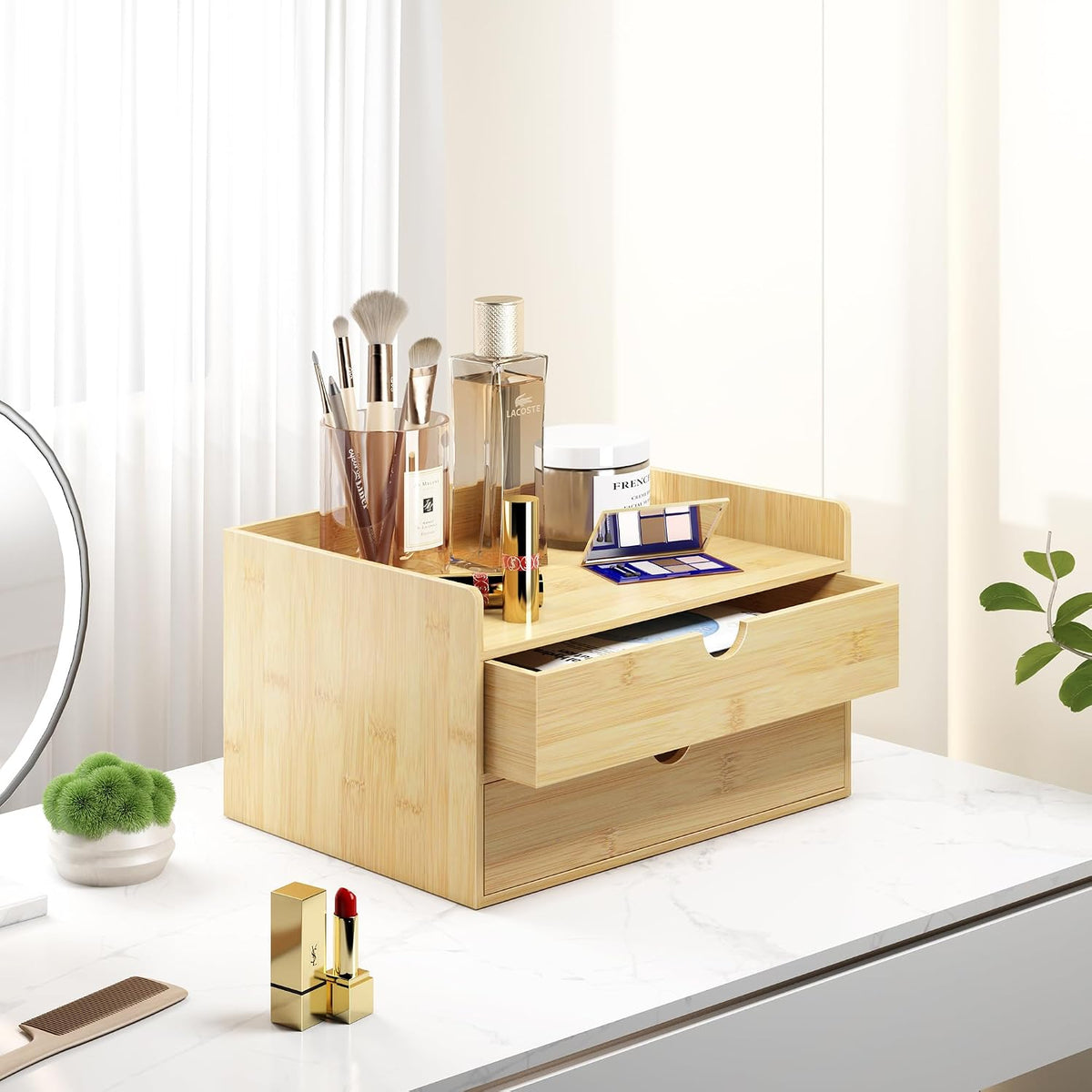 Bamboo Desk Drawer Organizer, Large Desktop Organizer with Drawers Tabletop Storage Organization Box for Office Home Toiletries Supplies Vanity, No Assembly Required (2 Drawer with Shelf)