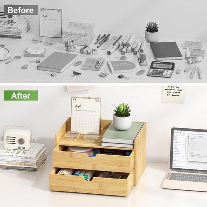 Bamboo Desk Drawer Organizer, Large Desktop Organizer with Drawers Tabletop Storage Organization Box for Office Home Toiletries Supplies Vanity, No Assembly Required (2 Drawer with Shelf)