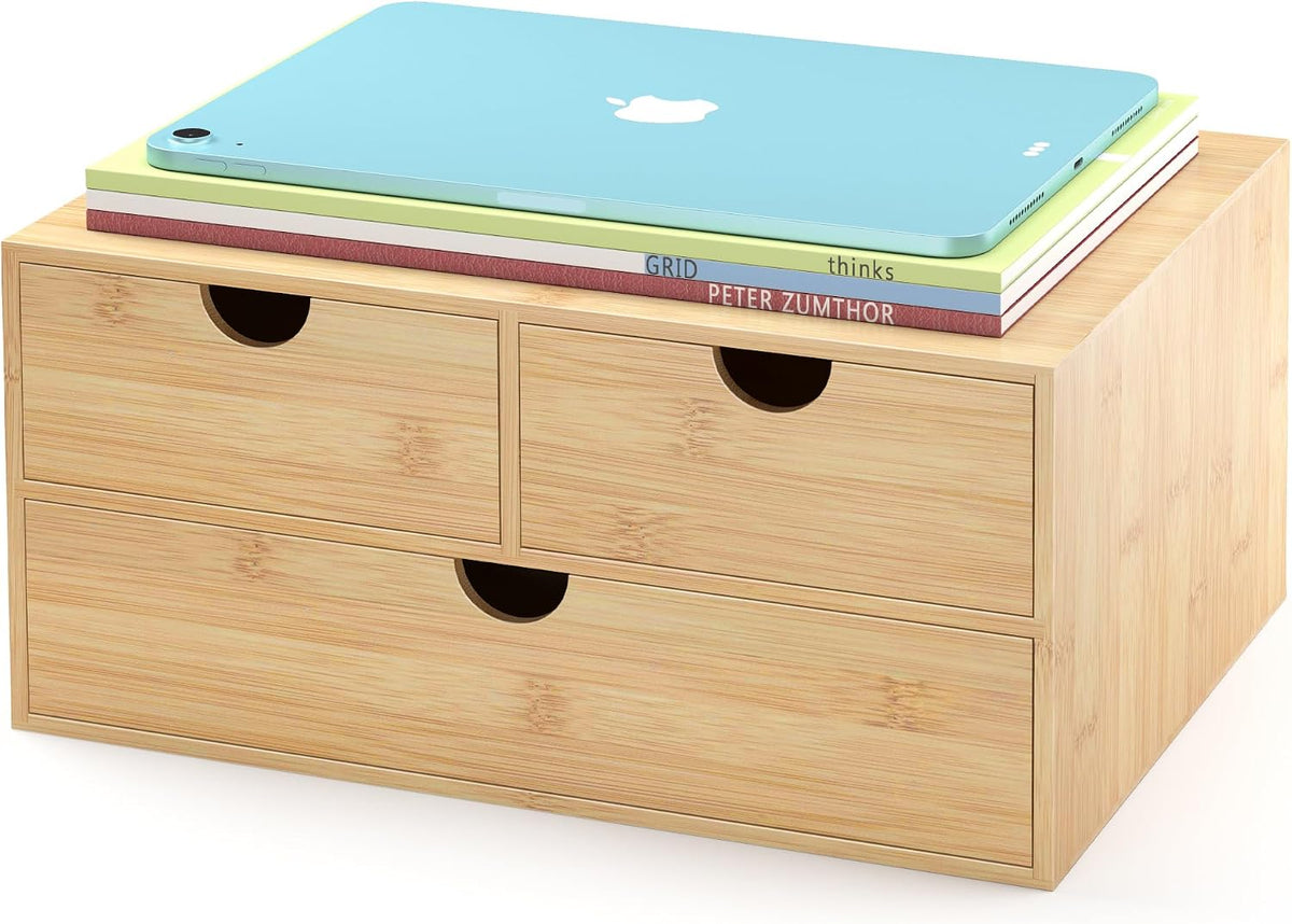 Bamboo Desk Drawer Organizer, Large Desktop Organizer with Drawers Tabletop Storage Organization Box for Office Home Toiletries Supplies Vanity, No Assembly Required (2 Drawer with Shelf)