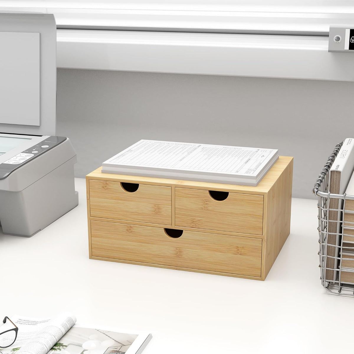 Bamboo Desk Drawer Organizer, Large Desktop Organizer with Drawers Tabletop Storage Organization Box for Office Home Toiletries Supplies Vanity, No Assembly Required (2 Drawer with Shelf)