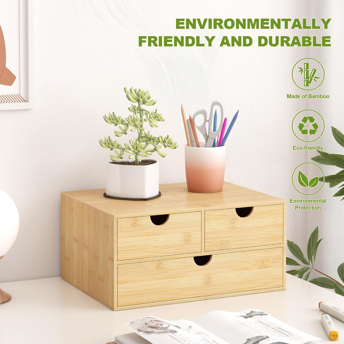Bamboo Desk Drawer Organizer, Large Desktop Organizer with Drawers Tabletop Storage Organization Box for Office Home Toiletries Supplies Vanity, No Assembly Required (2 Drawer with Shelf)