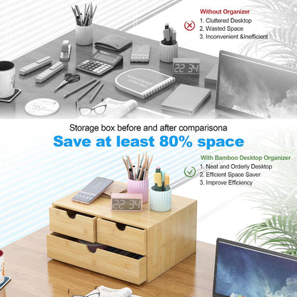 Bamboo Desk Drawer Organizer, Large Desktop Organizer with Drawers Tabletop Storage Organization Box for Office Home Toiletries Supplies Vanity, No Assembly Required (2 Drawer with Shelf)