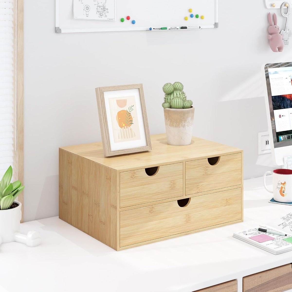 Bamboo Desk Drawer Organizer, Large Desktop Organizer with Drawers Tabletop Storage Organization Box for Office Home Toiletries Supplies Vanity, No Assembly Required (2 Drawer with Shelf)