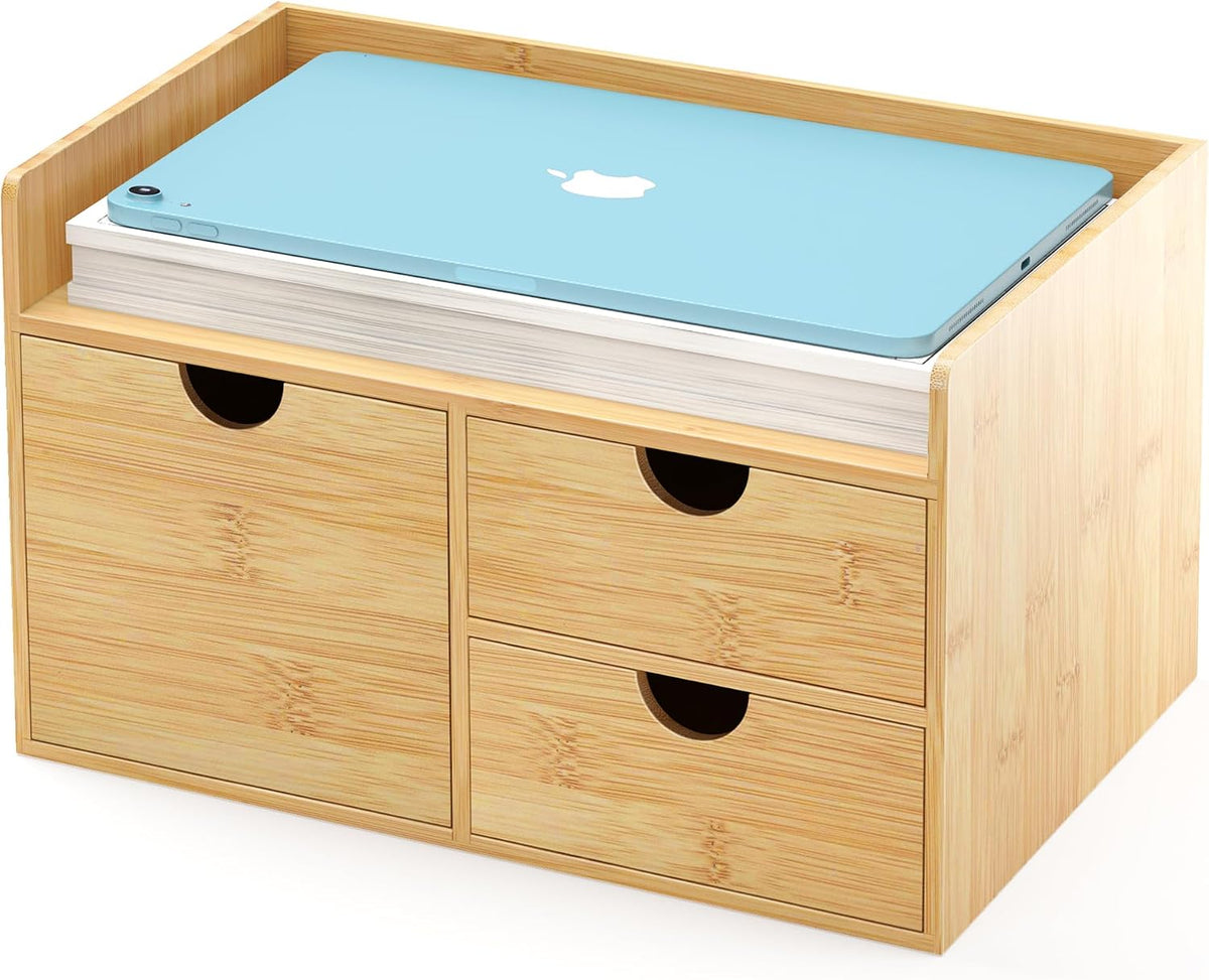 Bamboo Desk Drawer Organizer, Large Desktop Organizer with Drawers Tabletop Storage Organization Box for Office Home Toiletries Supplies Vanity, No Assembly Required (2 Drawer with Shelf)