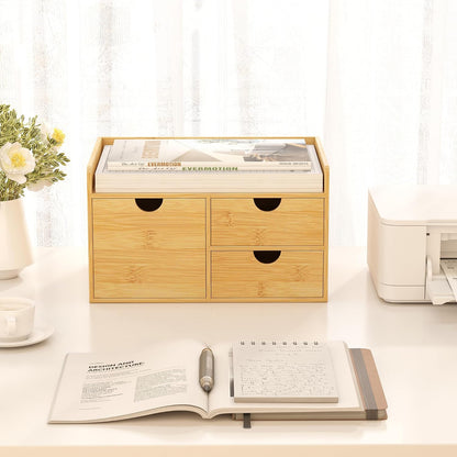 Bamboo Desk Drawer Organizer, Large Desktop Organizer with Drawers Tabletop Storage Organization Box for Office Home Toiletries Supplies Vanity, No Assembly Required (2 Drawer with Shelf)