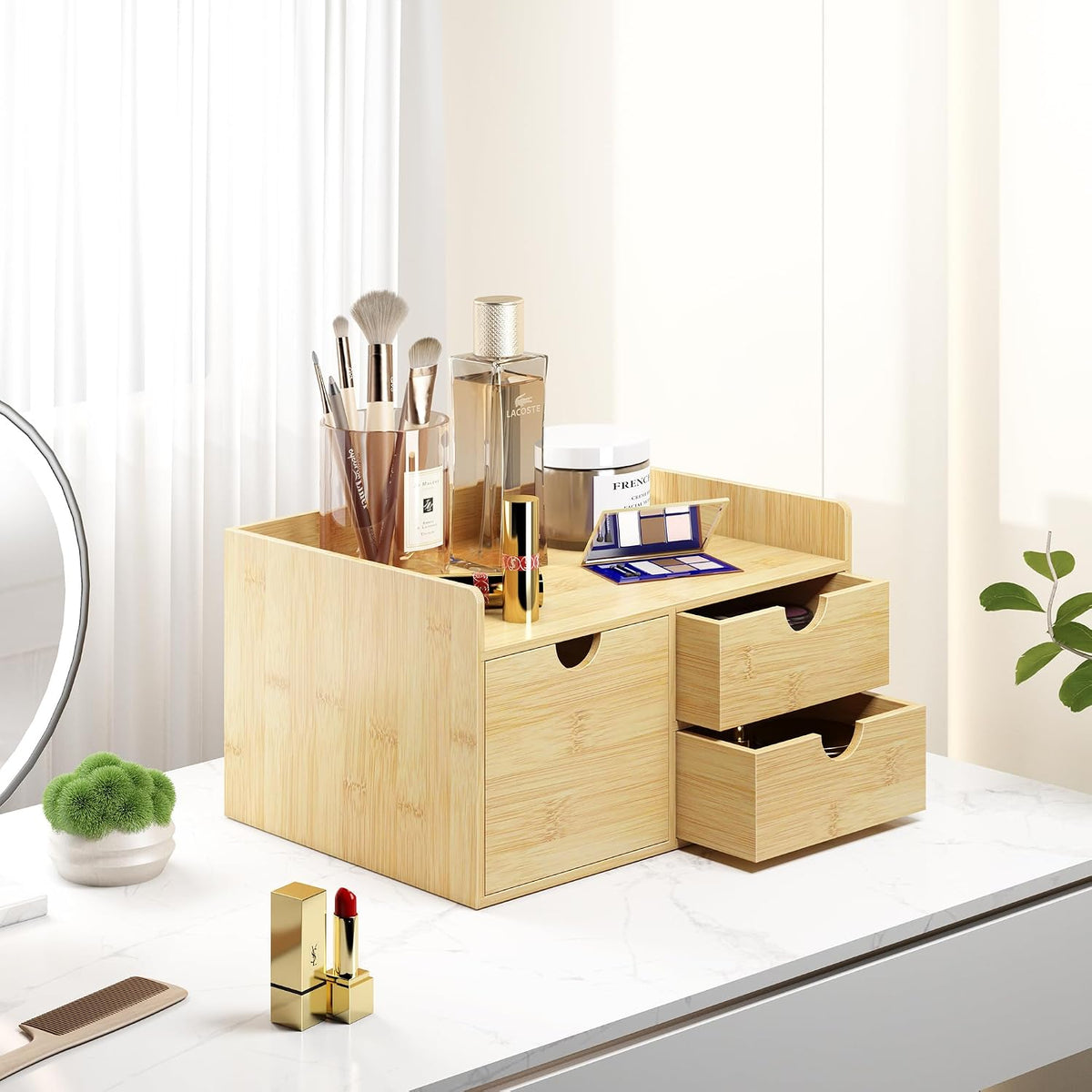 Bamboo Desk Drawer Organizer, Large Desktop Organizer with Drawers Tabletop Storage Organization Box for Office Home Toiletries Supplies Vanity, No Assembly Required (2 Drawer with Shelf)
