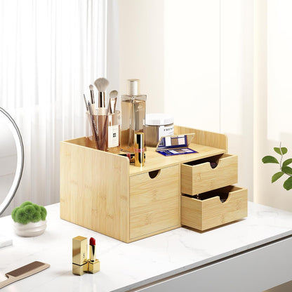 Bamboo Desk Drawer Organizer, Large Desktop Organizer with Drawers Tabletop Storage Organization Box for Office Home Toiletries Supplies Vanity, No Assembly Required (2 Drawer with Shelf)