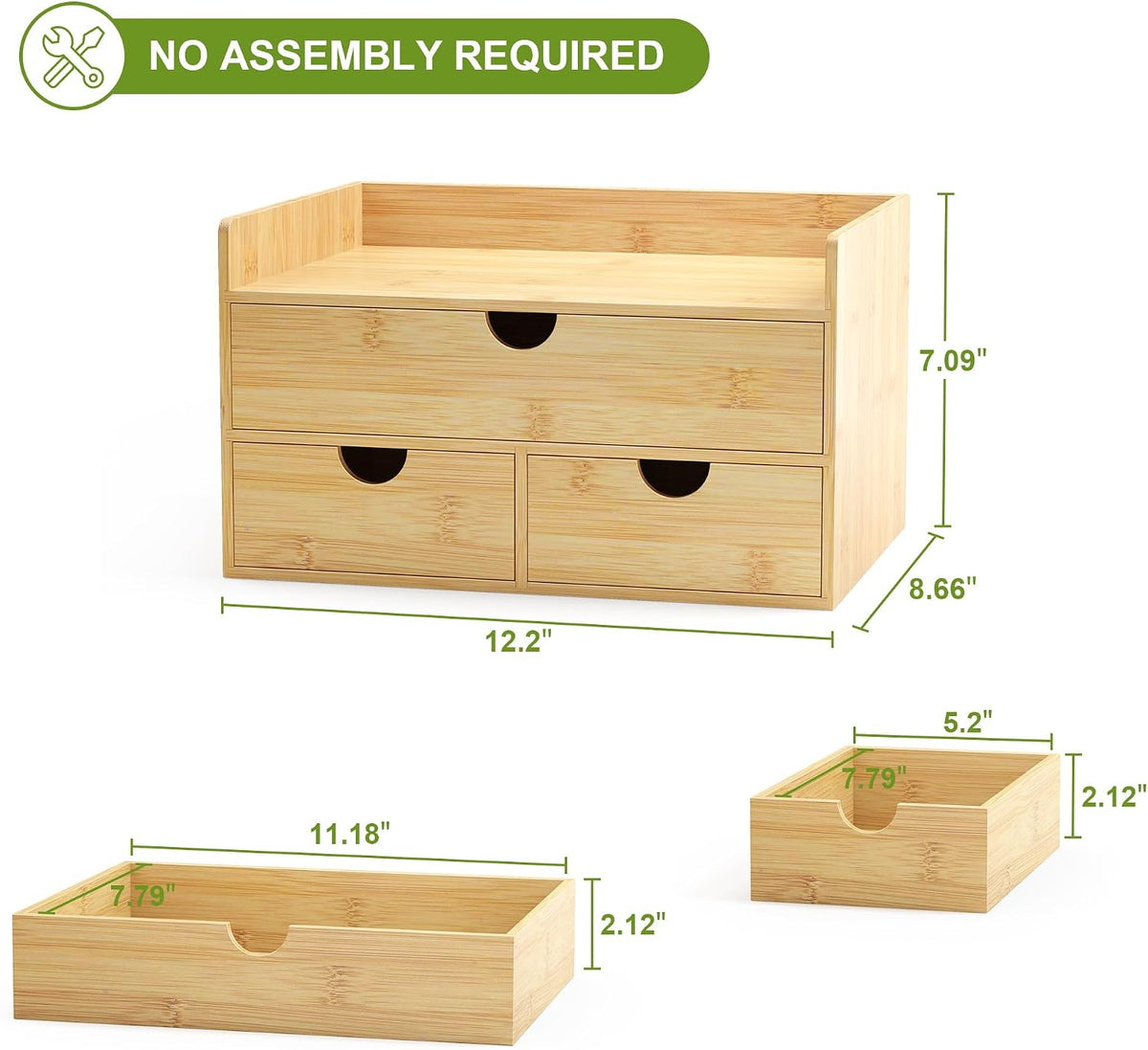 Bamboo Desk Drawer Organizer, Large Desktop Organizer with Drawers Tabletop Storage Organization Box for Office Home Toiletries Supplies Vanity, No Assembly Required (2 Drawer with Shelf)