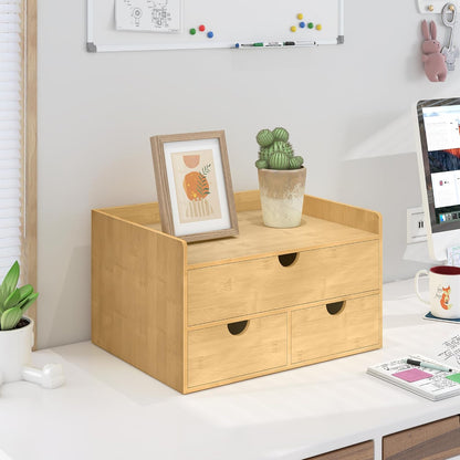 Bamboo Desk Drawer Organizer, Large Desktop Organizer with Drawers Tabletop Storage Organization Box for Office Home Toiletries Supplies Vanity, No Assembly Required (2 Drawer with Shelf)