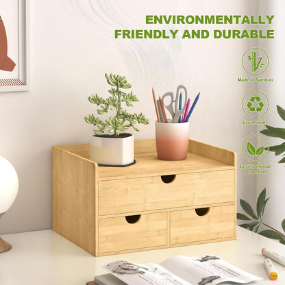 Bamboo Desk Drawer Organizer, Large Desktop Organizer with Drawers Tabletop Storage Organization Box for Office Home Toiletries Supplies Vanity, No Assembly Required (2 Drawer with Shelf)