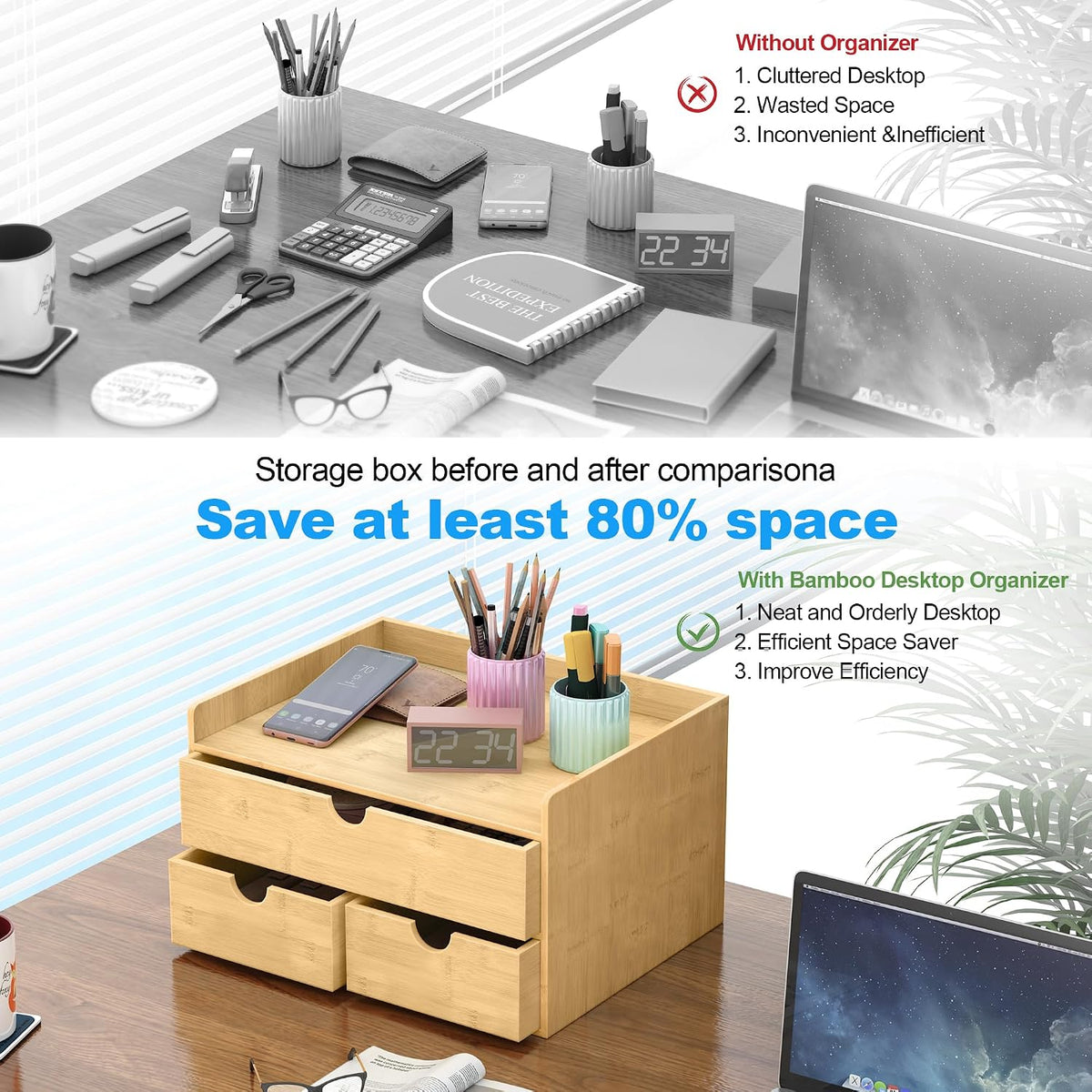 Bamboo Desk Drawer Organizer, Large Desktop Organizer with Drawers Tabletop Storage Organization Box for Office Home Toiletries Supplies Vanity, No Assembly Required (2 Drawer with Shelf)