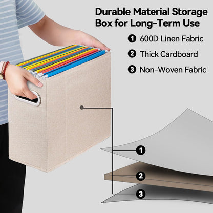 Letter Size File Organizer, File Folders Organizer, Fabric Storage Box, Collapsible Paper Organizer with Metal Handle, Smooth PVC Rails, Only Box (Beige)
