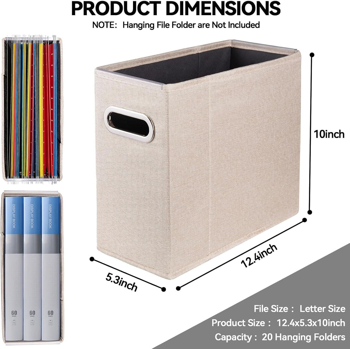 Letter Size File Organizer, File Folders Organizer, Fabric Storage Box, Collapsible Paper Organizer with Metal Handle, Smooth PVC Rails, Only Box (Beige)