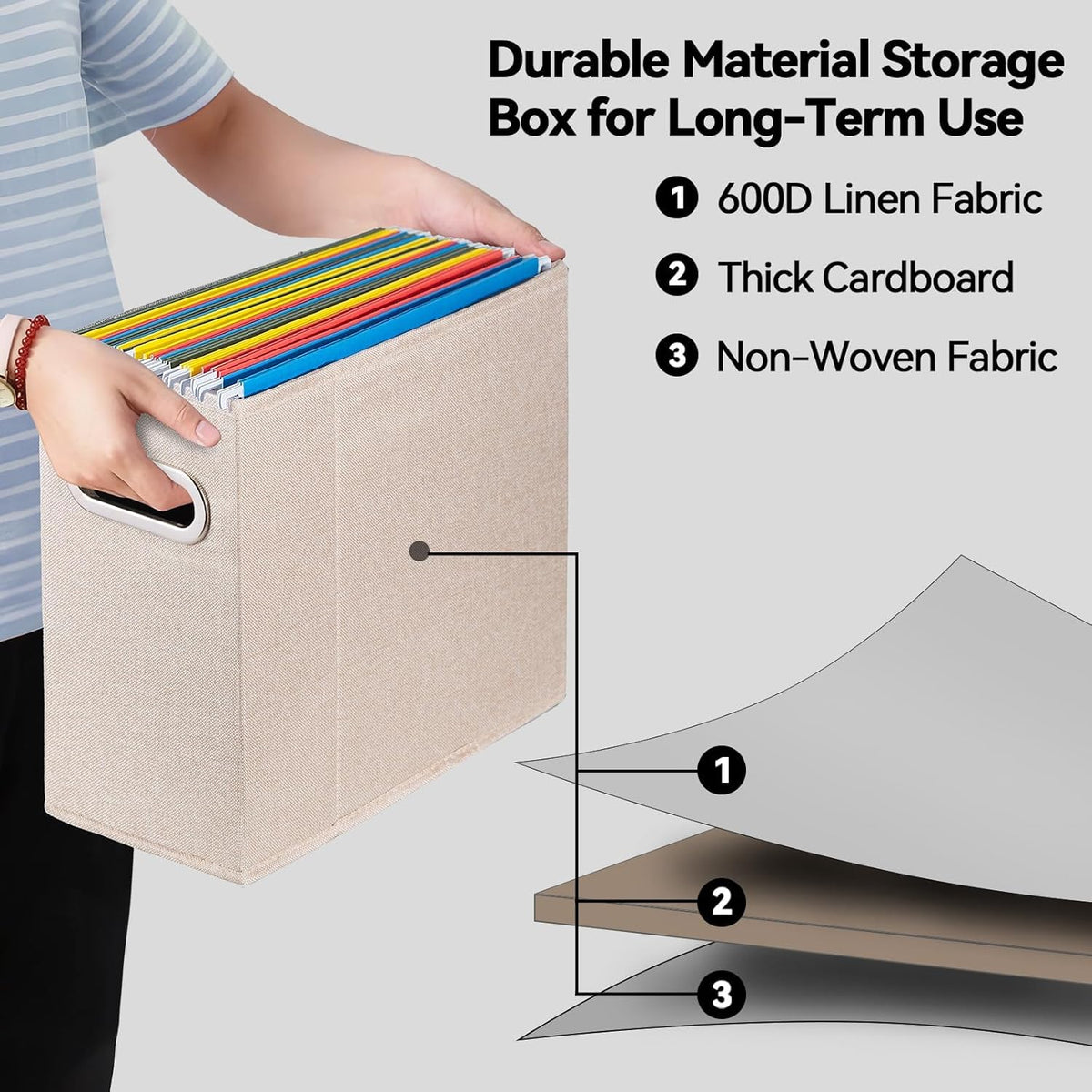 Letter Size File Organizer, File Folders Organizer, Fabric Storage Box, Collapsible Paper Organizer with Metal Handle, Smooth PVC Rails, Only Box (Beige)