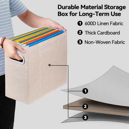 Letter Size File Organizer, File Folders Organizer, Fabric Storage Box, Collapsible Paper Organizer with Metal Handle, Smooth PVC Rails, Only Box (Beige)