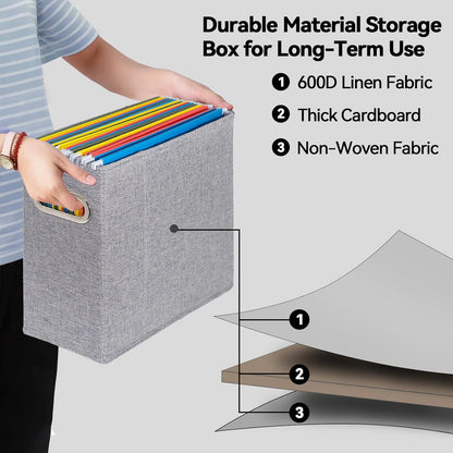 Letter Size File Organizer, File Folders Organizer, Fabric Storage Box, Collapsible Paper Organizer with Metal Handle, Smooth PVC Rails, Only Box (Beige)