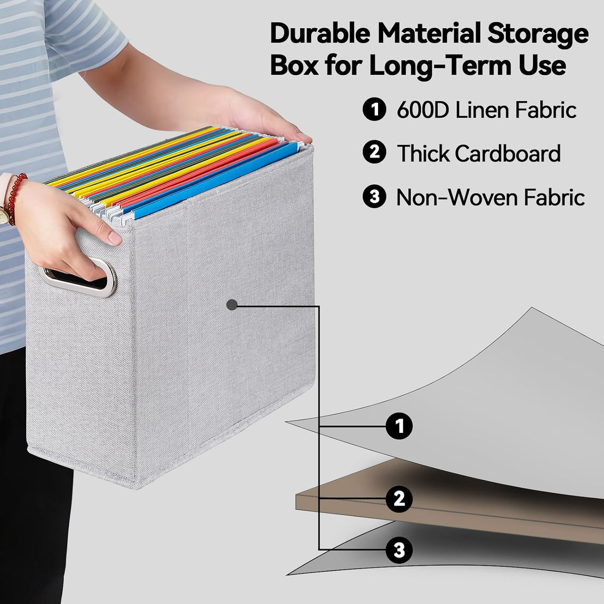 Letter Size File Organizer, File Folders Organizer, Fabric Storage Box, Collapsible Paper Organizer with Metal Handle, Smooth PVC Rails, Only Box (Beige)