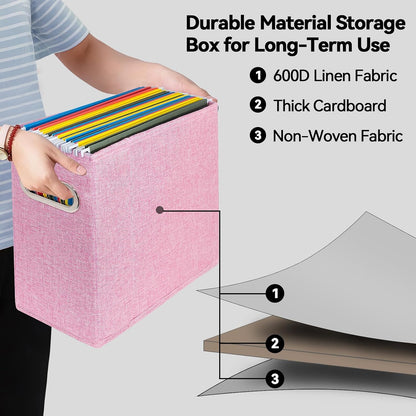 Letter Size File Organizer, File Folders Organizer, Fabric Storage Box, Collapsible Paper Organizer with Metal Handle, Smooth PVC Rails, Only Box (Beige)
