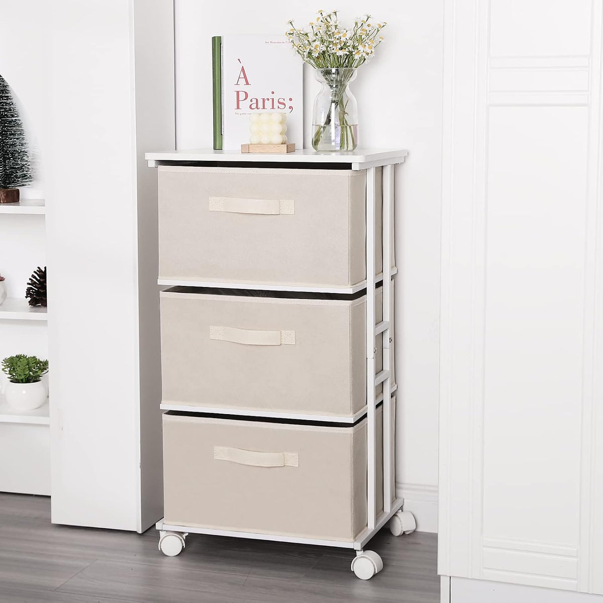 Dresser Storage with 3 Drawers, Fabric Dresser Tower, Vertical Storage Unit for Bedroom, Closet, Office, Black