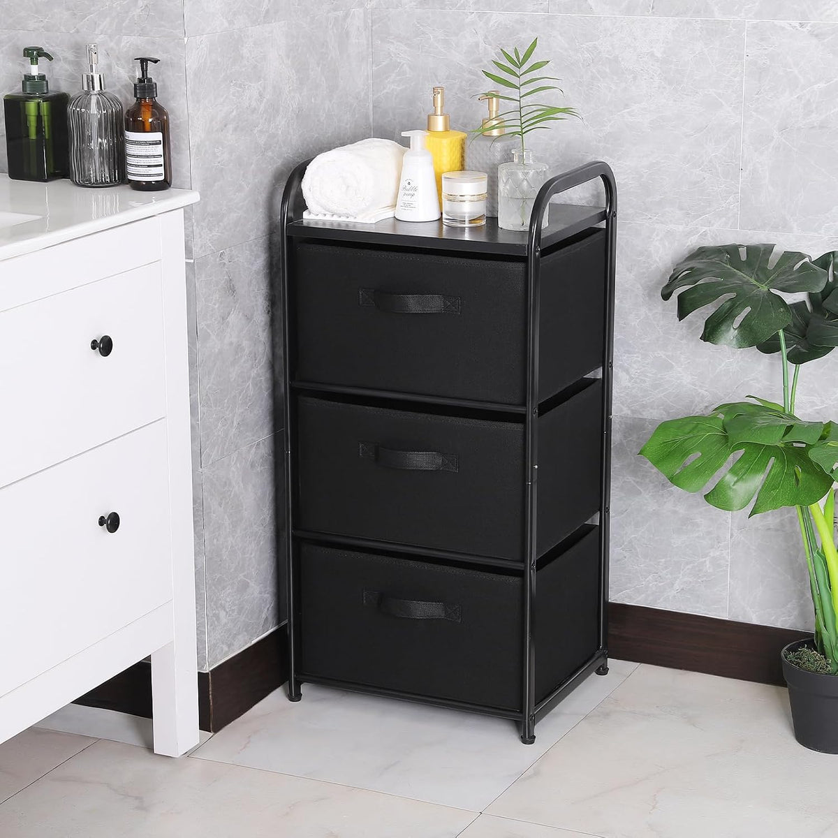Dresser Storage with 3 Drawers, Fabric Dresser Tower, Vertical Storage Unit for Bedroom, Closet, Office, Black