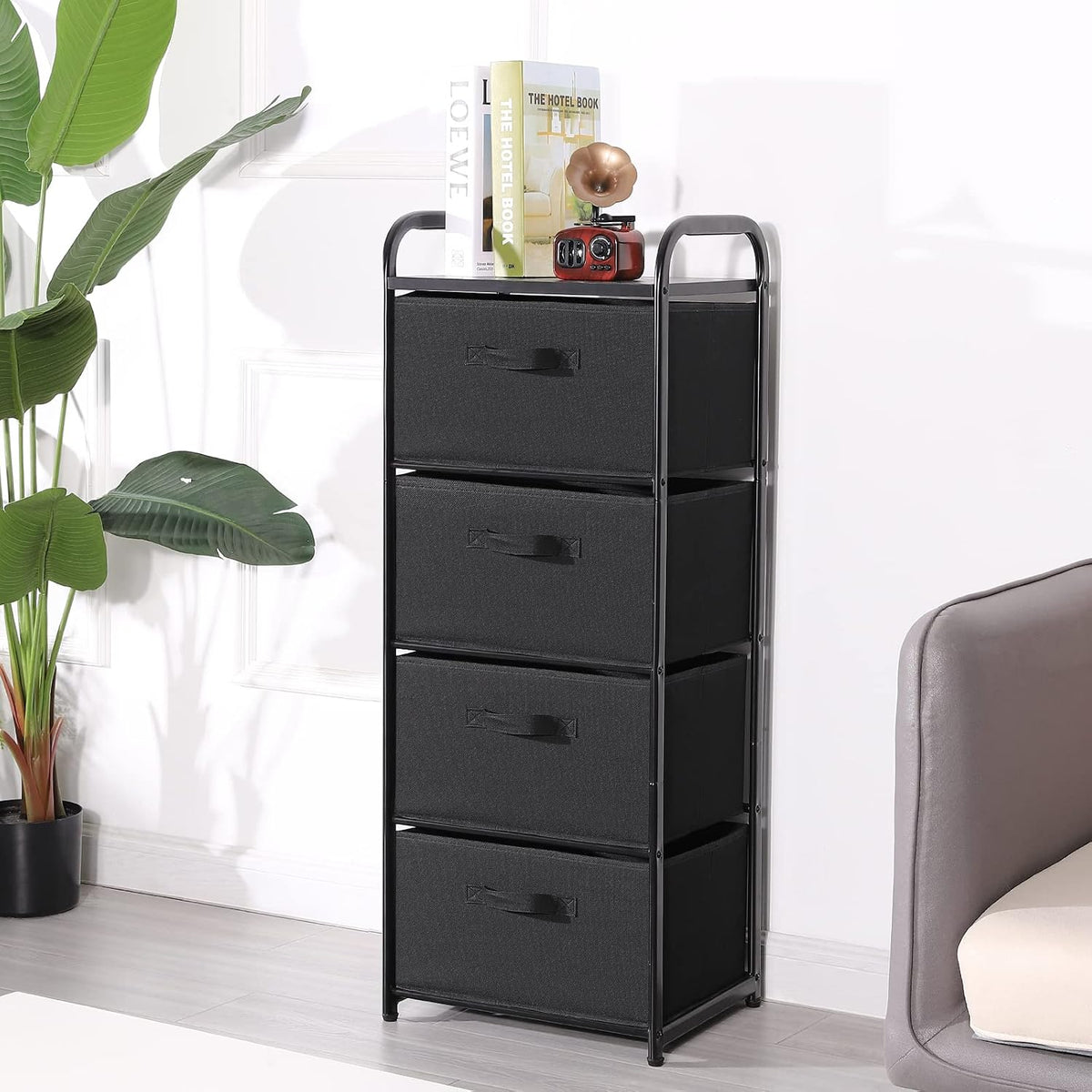 Dresser Storage with 3 Drawers, Fabric Dresser Tower, Vertical Storage Unit for Bedroom, Closet, Office, Black