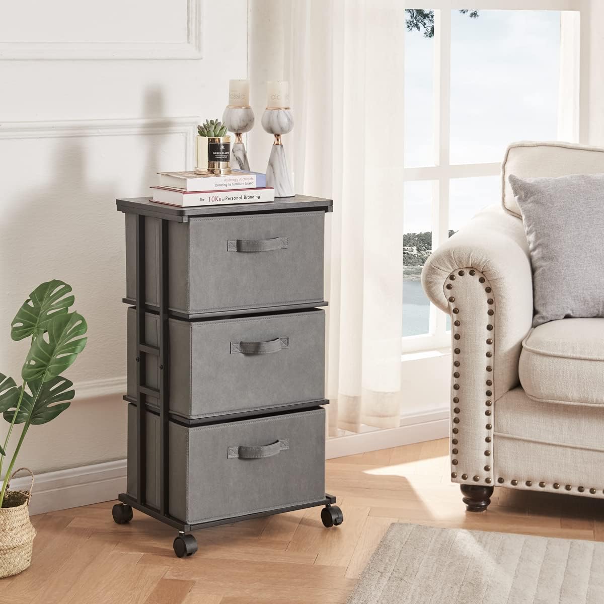 Dresser Storage with 3 Drawers, Fabric Dresser Tower, Vertical Storage Unit for Bedroom, Closet, Office, Black