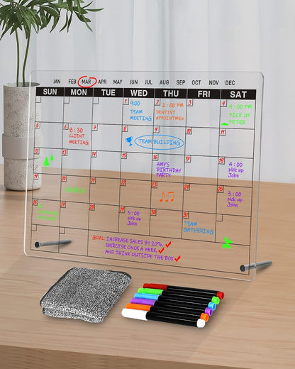 Acrylic Dry Erase Calendar Board to Do List Desktop Clear Memo Note Board, 9x13 Tabletop Whiteboard with Stand for Office, Home, School, Includes 6 Dry Erase Markers Black