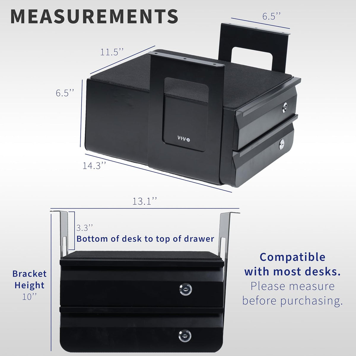 Black 12 x 14 inch Under Desk Double Stacked Drawers, DESK-AC03L-2B