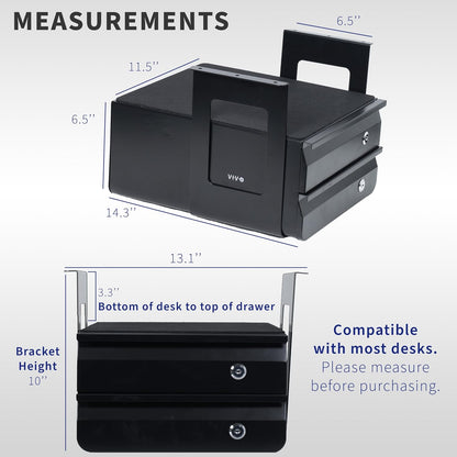 Black 12 x 14 inch Under Desk Double Stacked Drawers, DESK-AC03L-2B