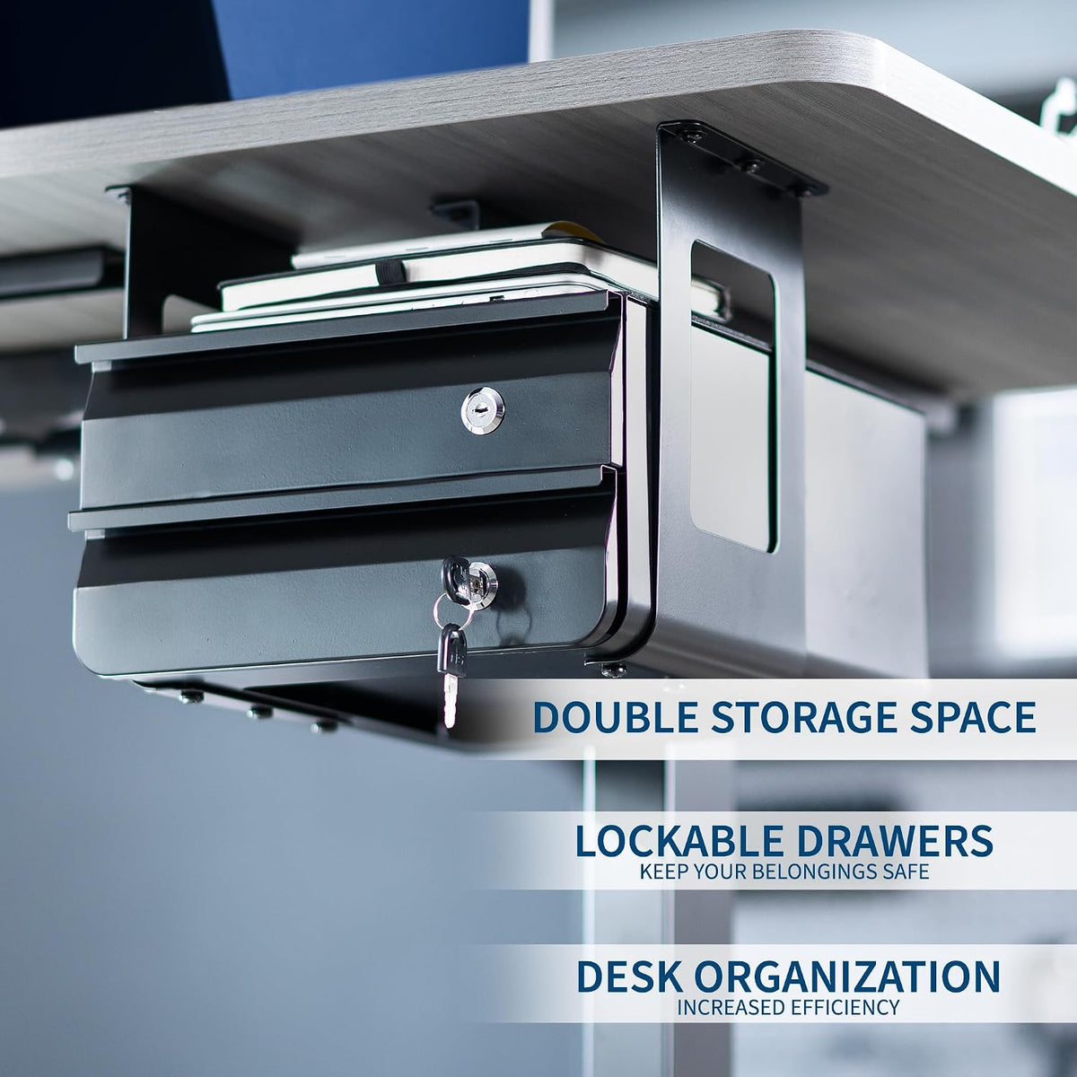 Black 12 x 14 inch Under Desk Double Stacked Drawers, DESK-AC03L-2B