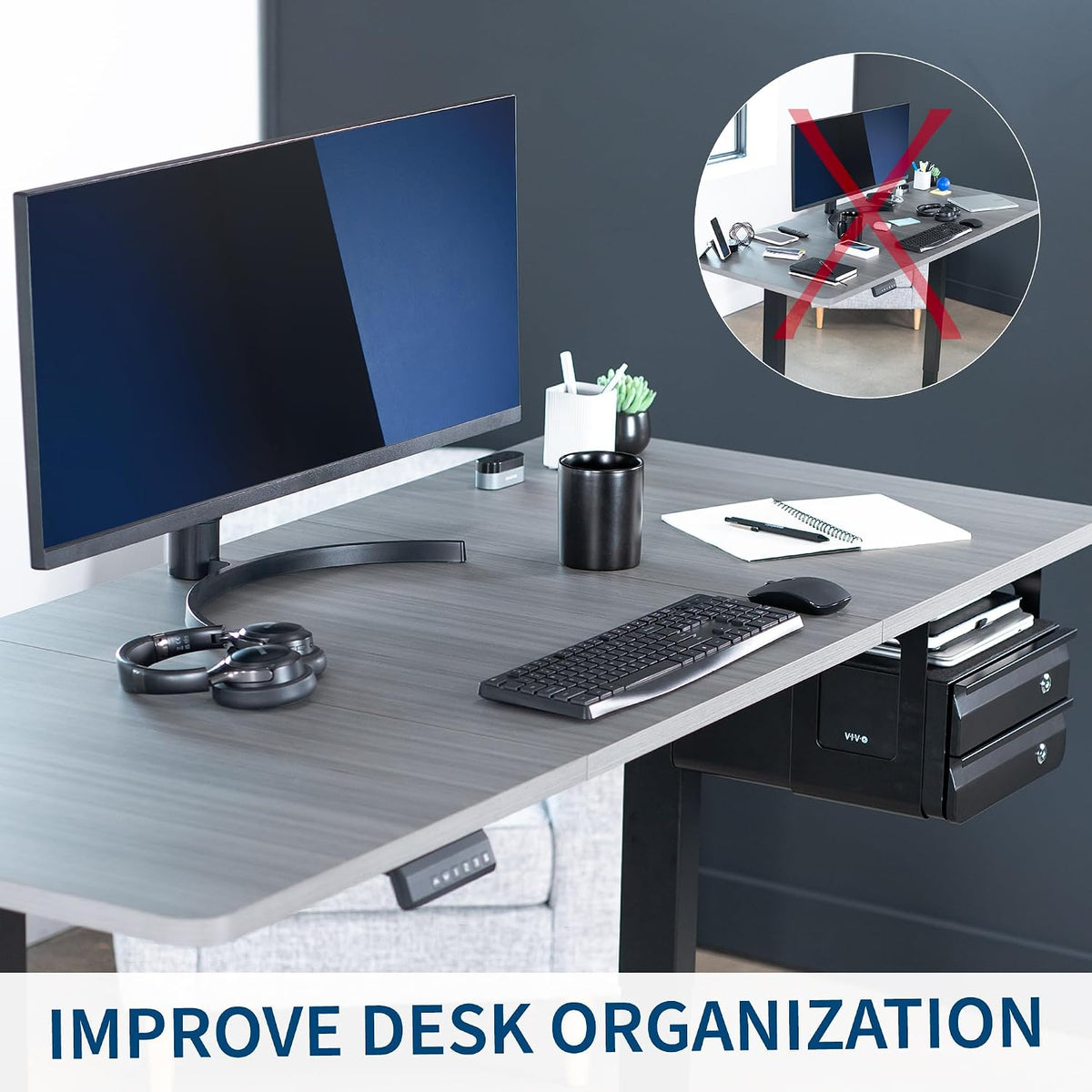 Black 12 x 14 inch Under Desk Double Stacked Drawers, DESK-AC03L-2B