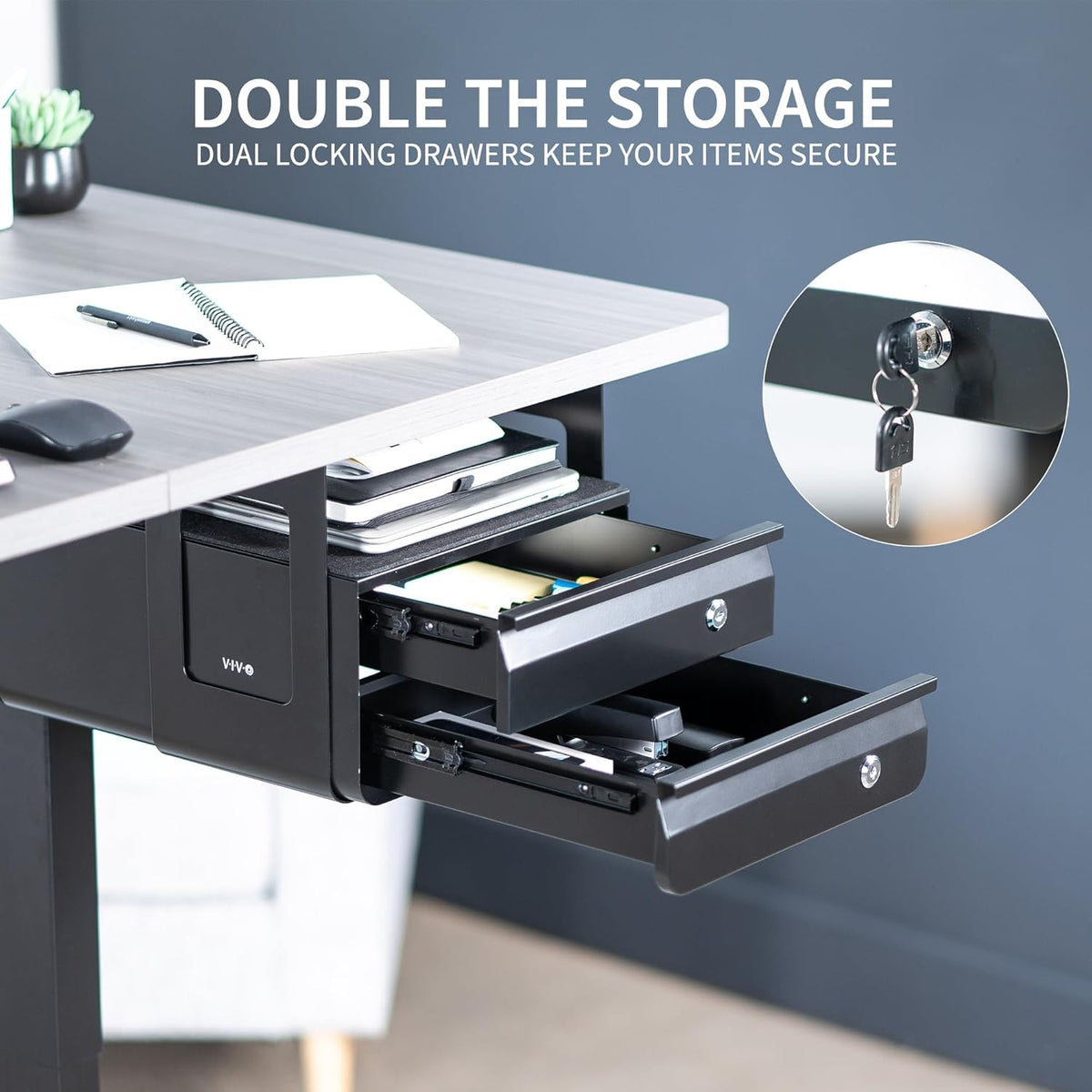 Black 12 x 14 inch Under Desk Double Stacked Drawers, DESK-AC03L-2B