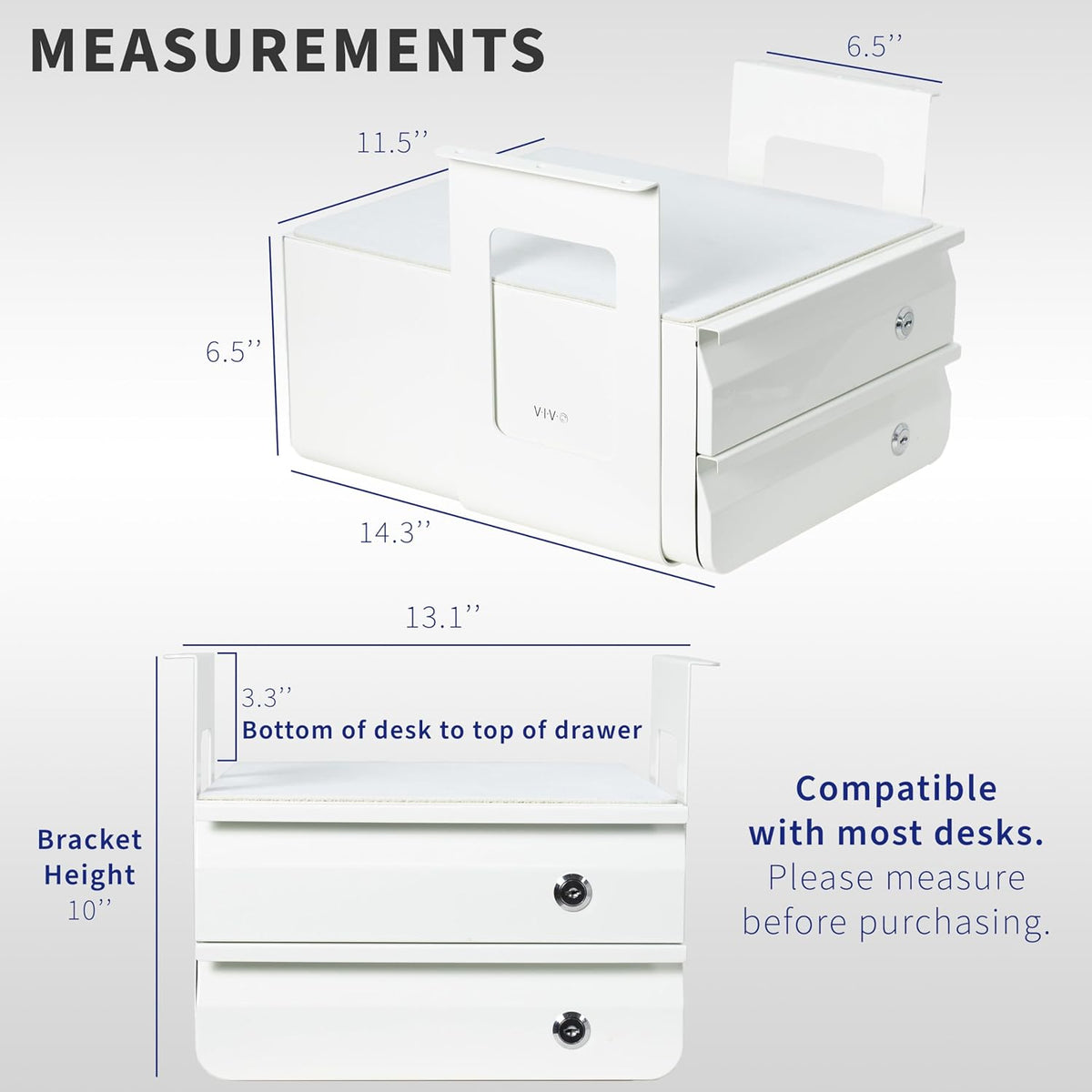 Black 12 x 14 inch Under Desk Double Stacked Drawers, DESK-AC03L-2B