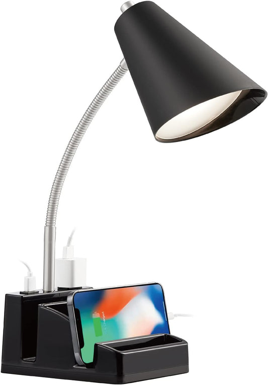 LED Desk Lamp with 1 USB Charging Port and 1 AC Outlet, Organizer Base, Adjustable Neck, On/Off Switch, Modern Table Lamp for Reading, Working, Studying, Gentle Warm White Light, Eye Protect(Black)