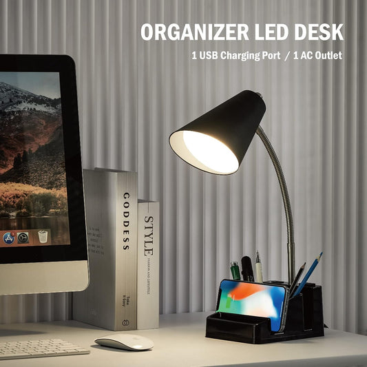 LED Desk Lamp with 1 USB Charging Port and 1 AC Outlet, Organizer Base, Adjustable Neck, On/Off Switch, Modern Table Lamp for Reading, Working, Studying, Gentle Warm White Light, Eye Protect(Black)