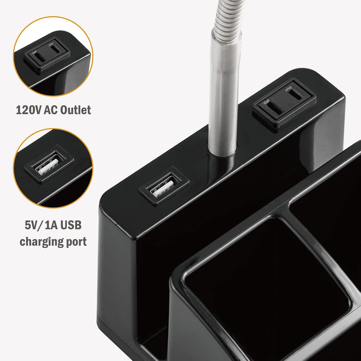 LED Desk Lamp with 1 USB Charging Port and 1 AC Outlet, Organizer Base, Adjustable Neck, On/Off Switch, Modern Table Lamp for Reading, Working, Studying, Gentle Warm White Light, Eye Protect(Black)