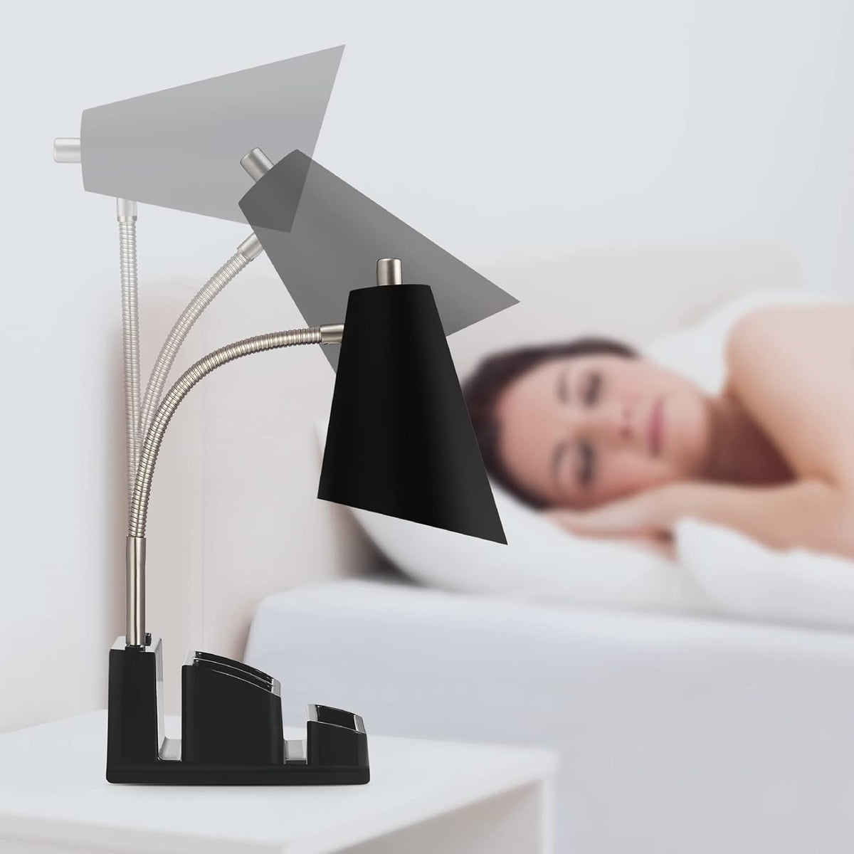 LED Desk Lamp with 1 USB Charging Port and 1 AC Outlet, Organizer Base, Adjustable Neck, On/Off Switch, Modern Table Lamp for Reading, Working, Studying, Gentle Warm White Light, Eye Protect(Black)