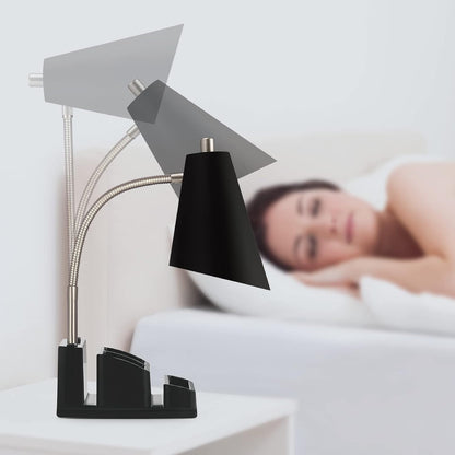 LED Desk Lamp with 1 USB Charging Port and 1 AC Outlet, Organizer Base, Adjustable Neck, On/Off Switch, Modern Table Lamp for Reading, Working, Studying, Gentle Warm White Light, Eye Protect(Black)