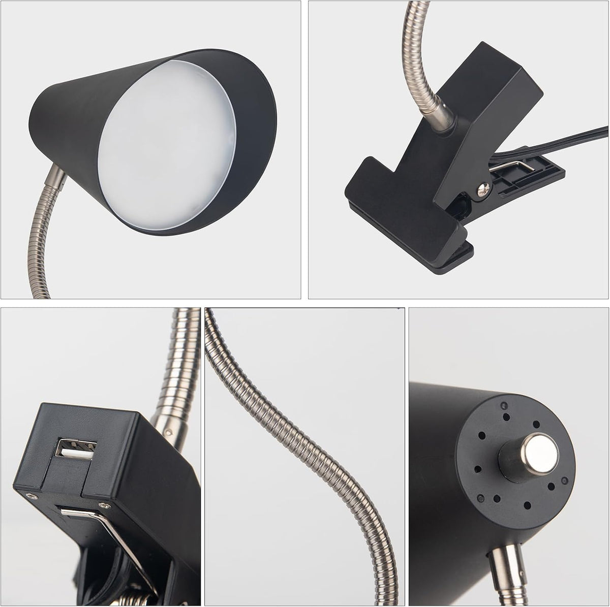 LED Desk Lamp with 1 USB Charging Port and 1 AC Outlet, Organizer Base, Adjustable Neck, On/Off Switch, Modern Table Lamp for Reading, Working, Studying, Gentle Warm White Light, Eye Protect(Black)