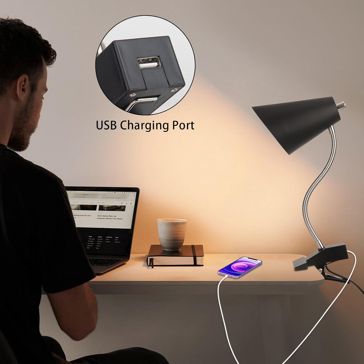 LED Desk Lamp with 1 USB Charging Port and 1 AC Outlet, Organizer Base, Adjustable Neck, On/Off Switch, Modern Table Lamp for Reading, Working, Studying, Gentle Warm White Light, Eye Protect(Black)