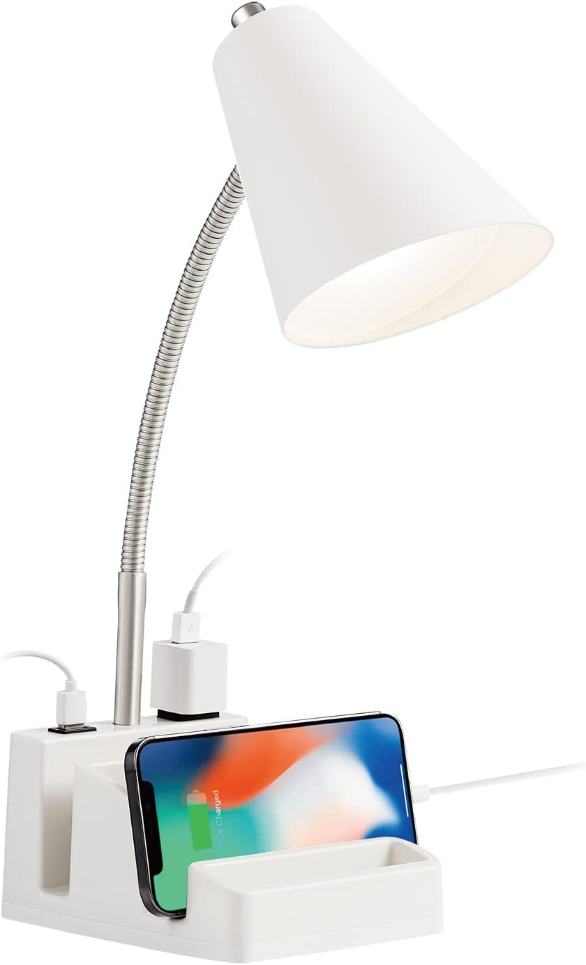LED Desk Lamp with 1 USB Charging Port and 1 AC Outlet, Organizer Base, Adjustable Neck, On/Off Switch, Modern Table Lamp for Reading, Working, Studying, Gentle Warm White Light, Eye Protect(Black)