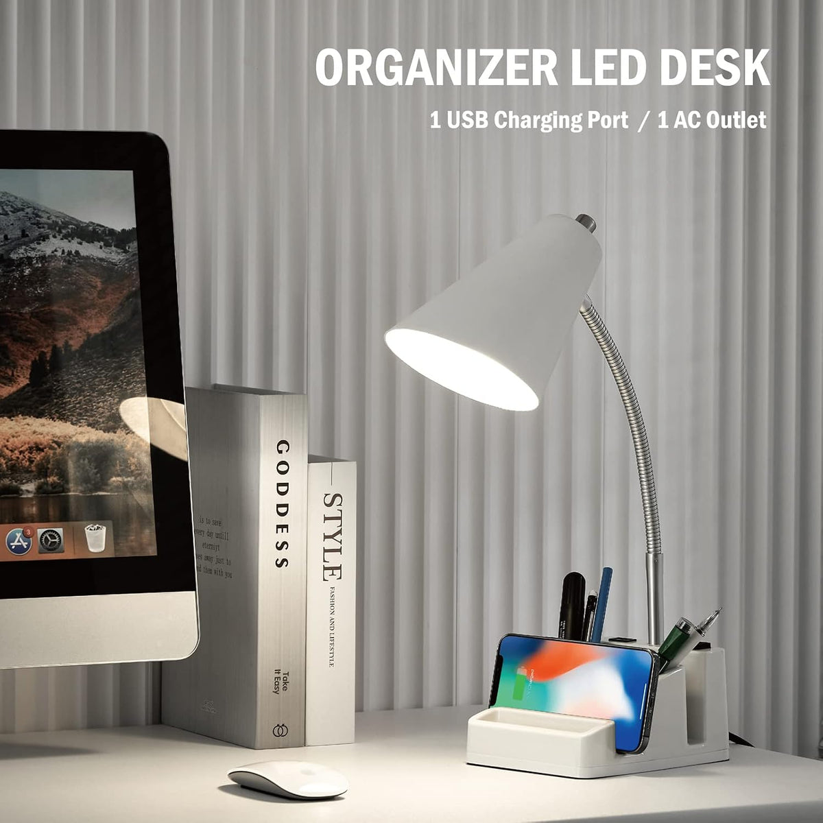 LED Desk Lamp with 1 USB Charging Port and 1 AC Outlet, Organizer Base, Adjustable Neck, On/Off Switch, Modern Table Lamp for Reading, Working, Studying, Gentle Warm White Light, Eye Protect(Black)
