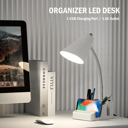 LED Desk Lamp with 1 USB Charging Port and 1 AC Outlet, Organizer Base, Adjustable Neck, On/Off Switch, Modern Table Lamp for Reading, Working, Studying, Gentle Warm White Light, Eye Protect(Black)
