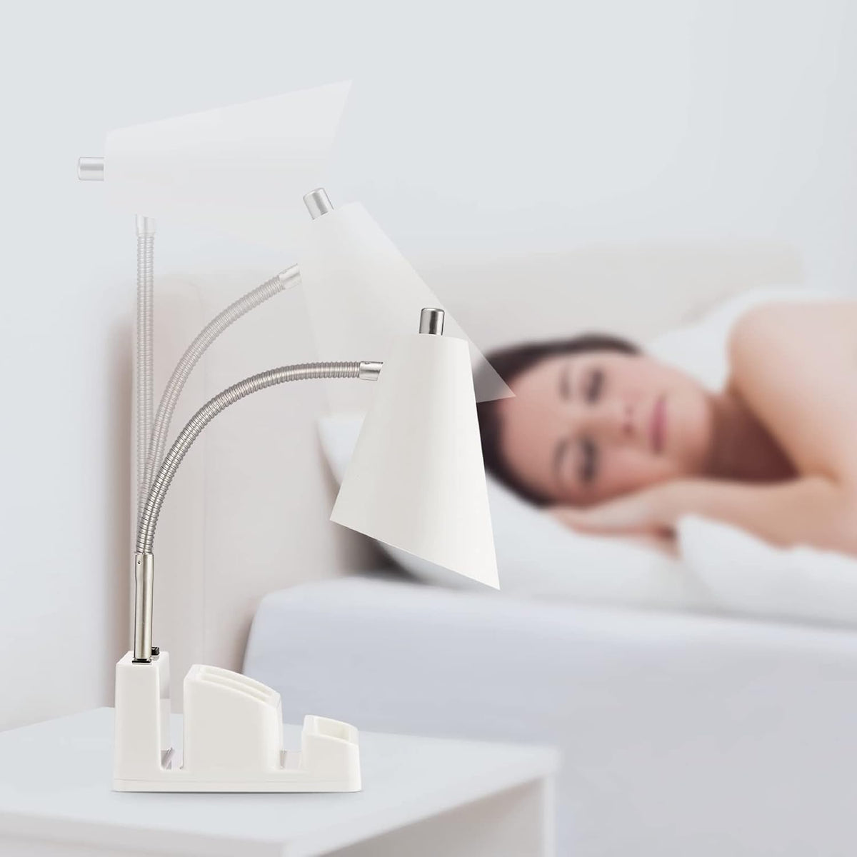 LED Desk Lamp with 1 USB Charging Port and 1 AC Outlet, Organizer Base, Adjustable Neck, On/Off Switch, Modern Table Lamp for Reading, Working, Studying, Gentle Warm White Light, Eye Protect(Black)