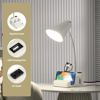 LED Desk Lamp with 1 USB Charging Port and 1 AC Outlet, Organizer Base, Adjustable Neck, On/Off Switch, Modern Table Lamp for Reading, Working, Studying, Gentle Warm White Light, Eye Protect(Black)